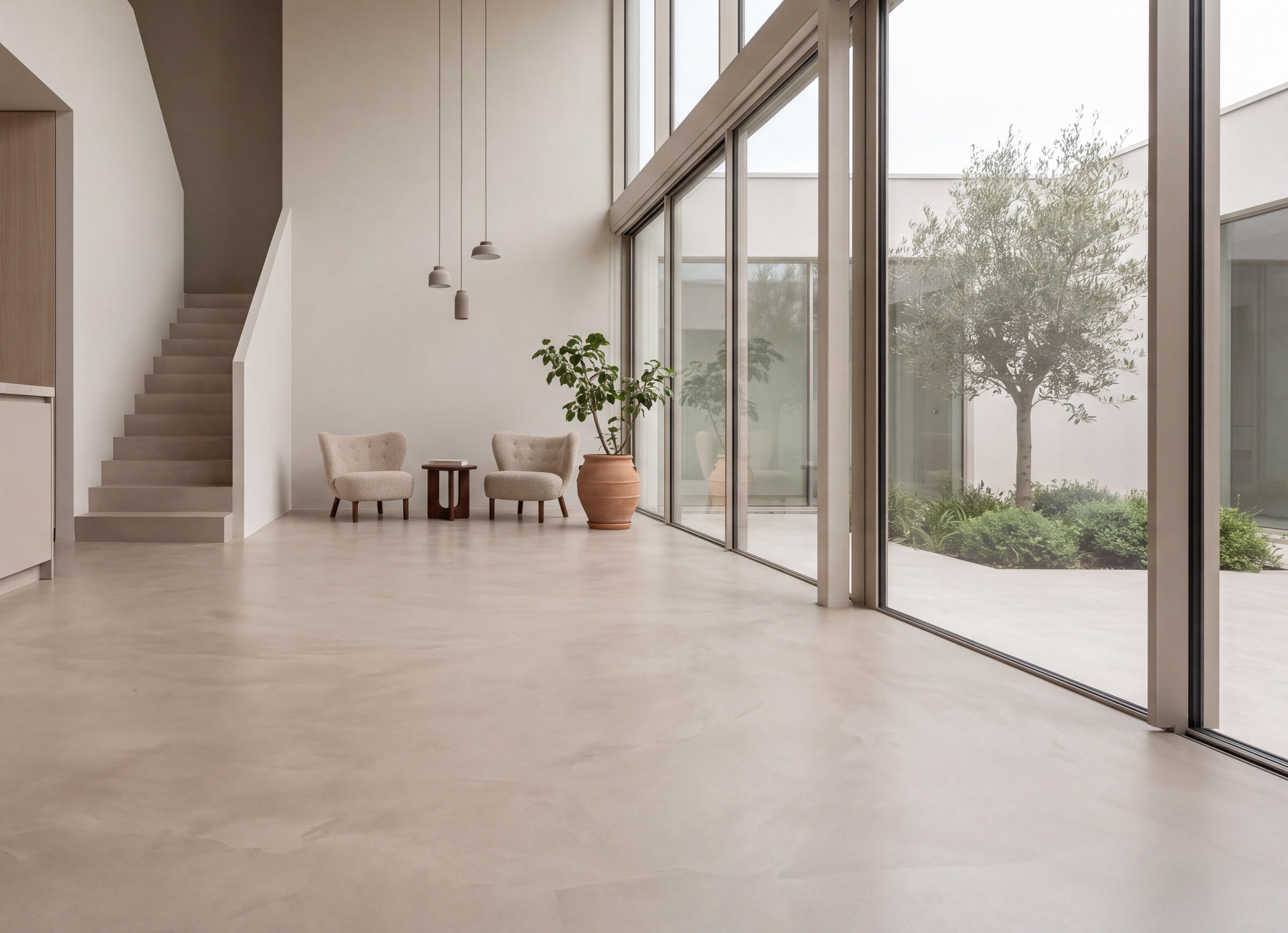 Seamless microcement floor running from a double-height living space out to a courtyard - one continuous hand-trowelled surface, no thresholds