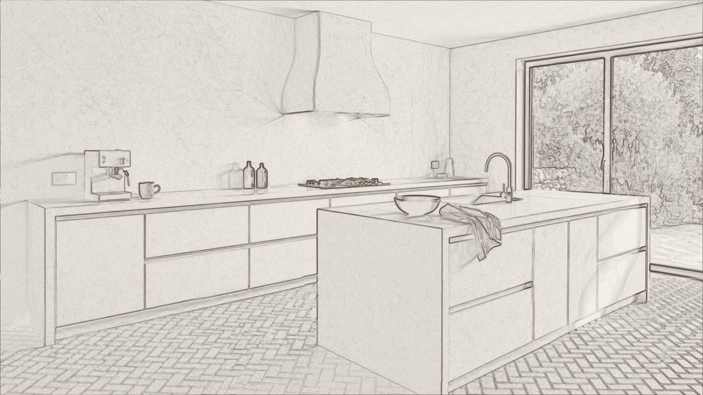 Stage one - line drawing of the microcement kitchen setting out the island, worktop run and plaster hood