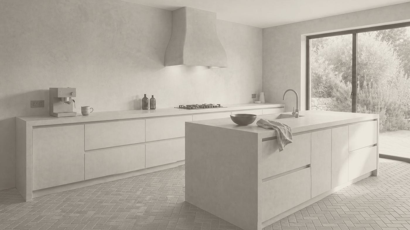 Stage two - white model of the kitchen studying daylight and the light under the extractor hood