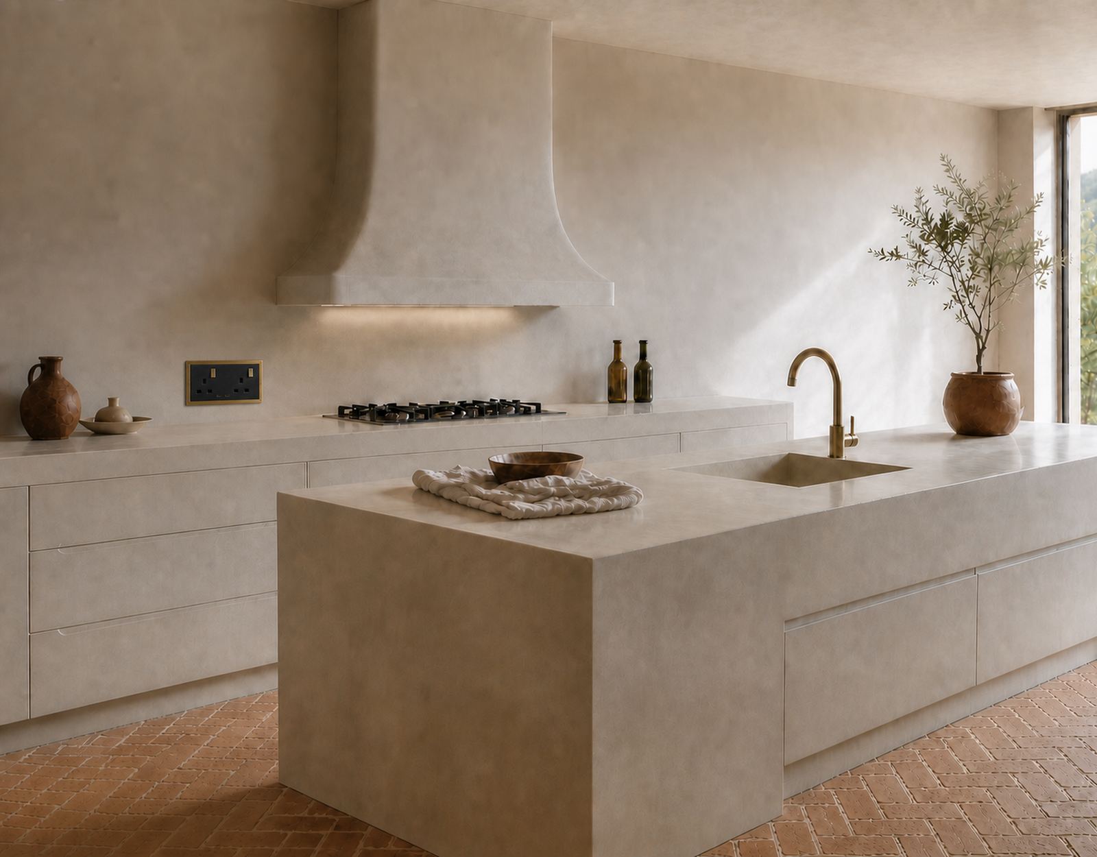Photorealistic design visualisation of a full microcement kitchen scheme